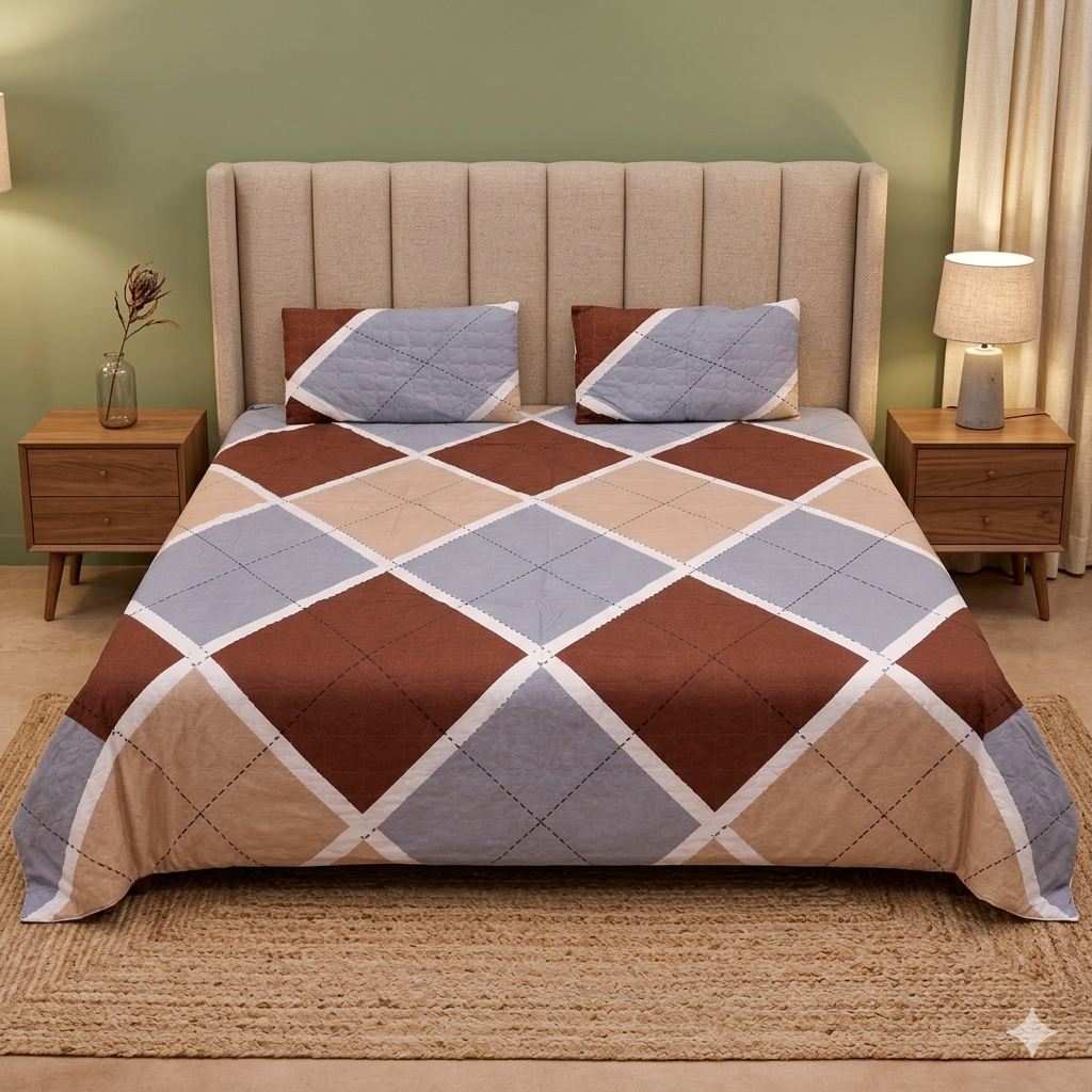 Premium Geometric Diamond Cotton Double Bedsheet Set