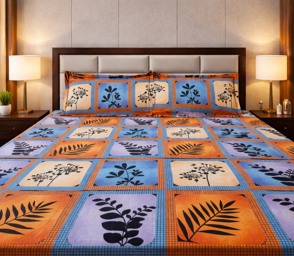 Premium Cotton Double Bedsheet – Multicolor Floral Square Design