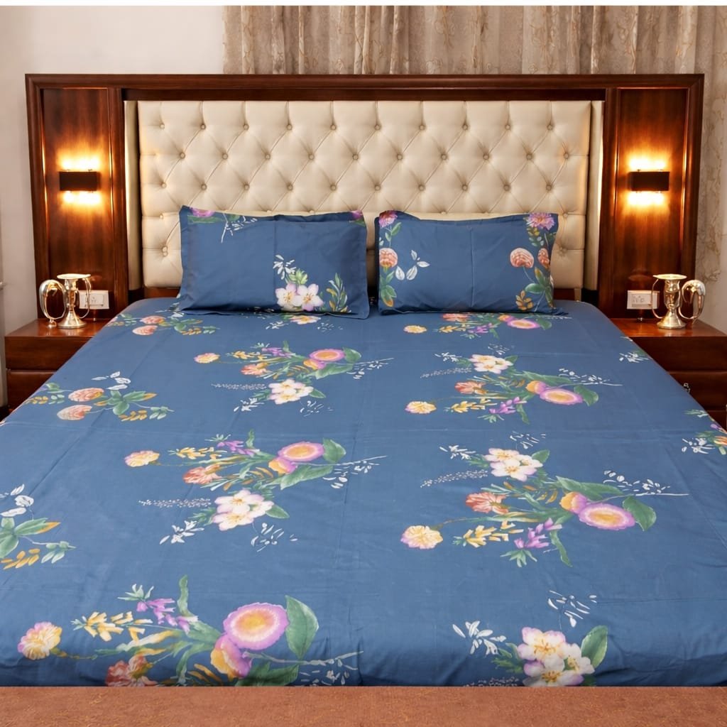 Floral Printed Cotton Double Bedsheet with 2 Pillow Covers (90x100 Inches)