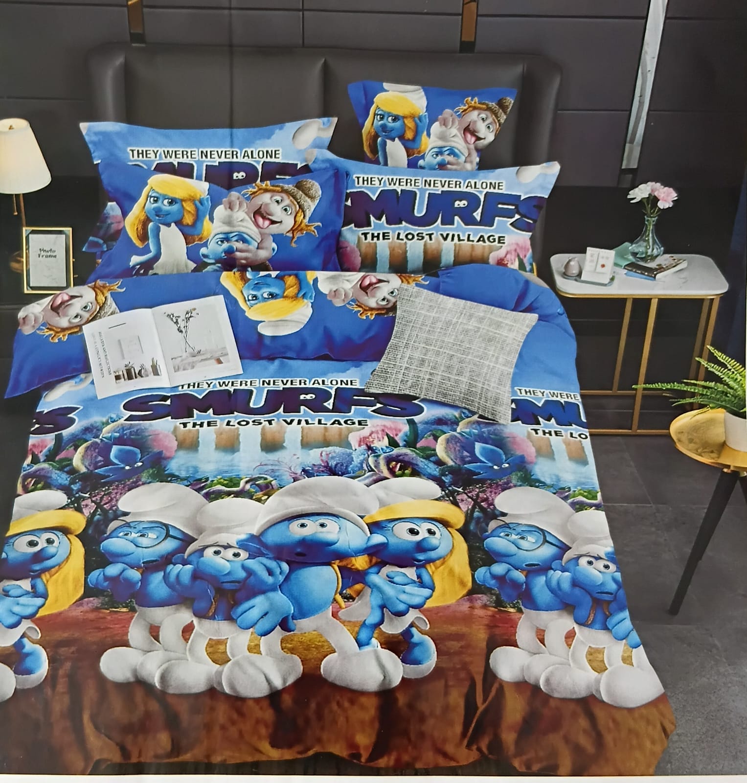 Smurfs The Lost Village Cartoon Printed Cotton Kids Double Bedsheet with 2 Pillow Covers