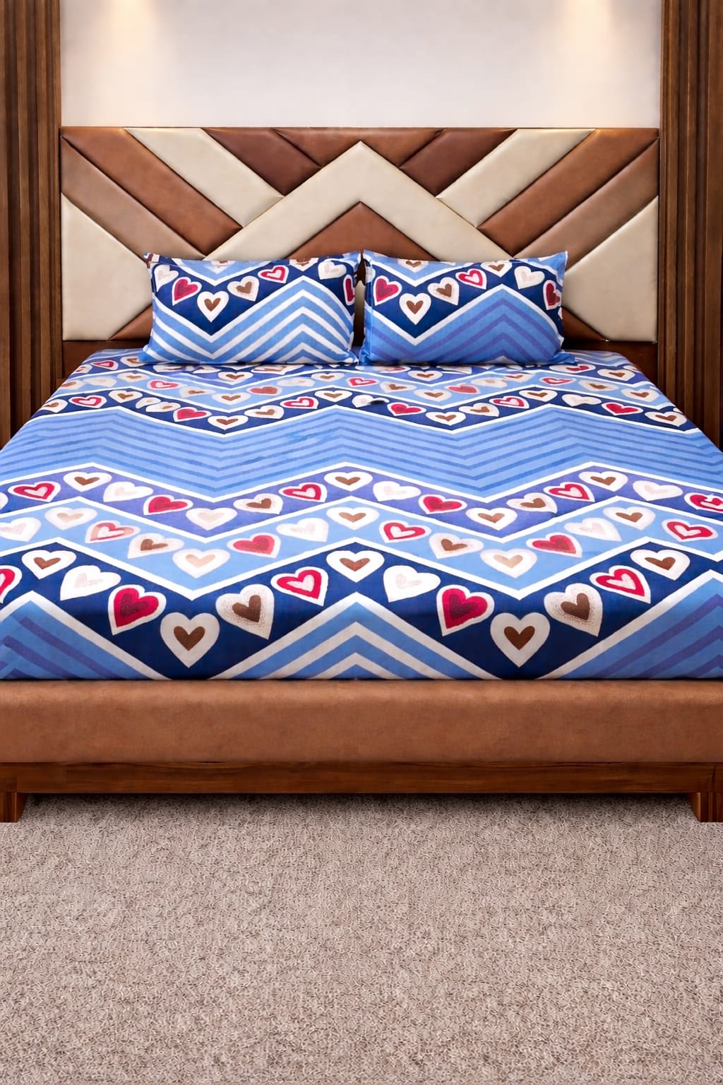 Blue Chevron Zigzag Heart Printed Cotton Double Bedsheet with 2 Pillow Covers