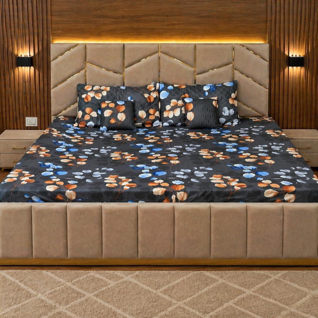 Dark Charcoal Scattered Botanical Leaf Printed Cotton 5-Piece Bedding Set with Quilted Cushions