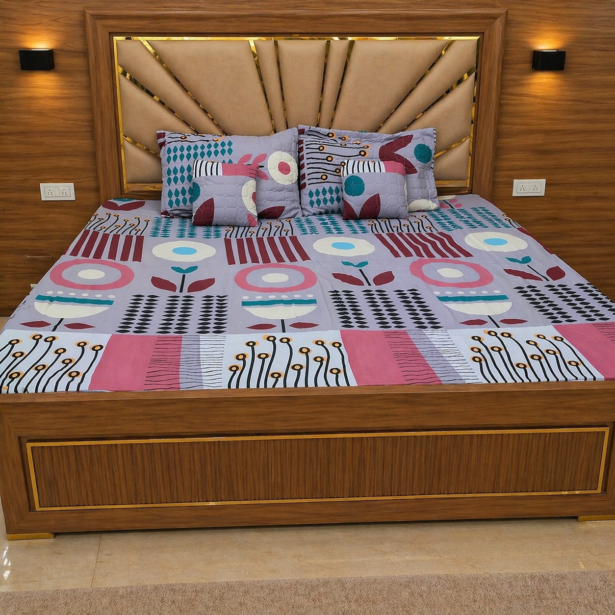 Lavender Abstract Modern Floral Printed Cotton 5-Piece Bedding Set with Quilted Cushions