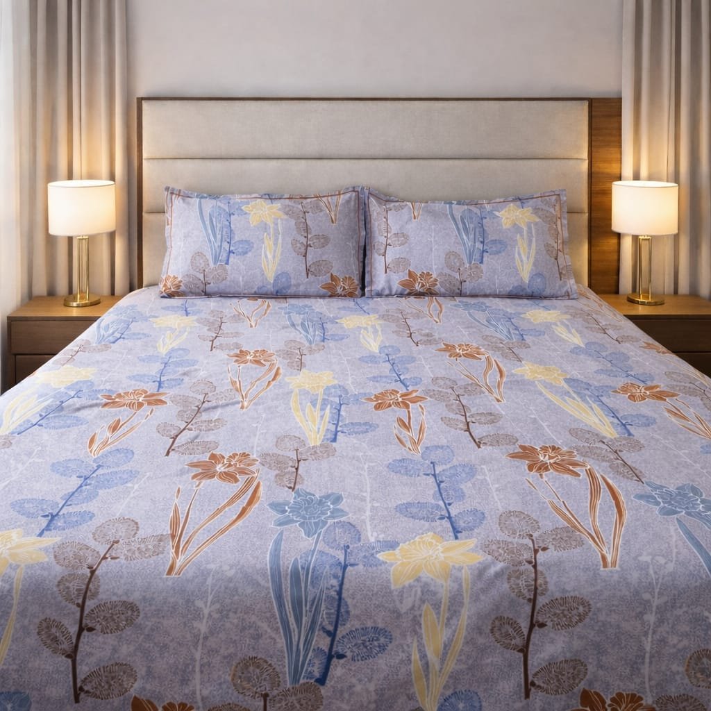 Elegant Floral Printed Cotton Double Bedsheet with 2 Pillow Covers