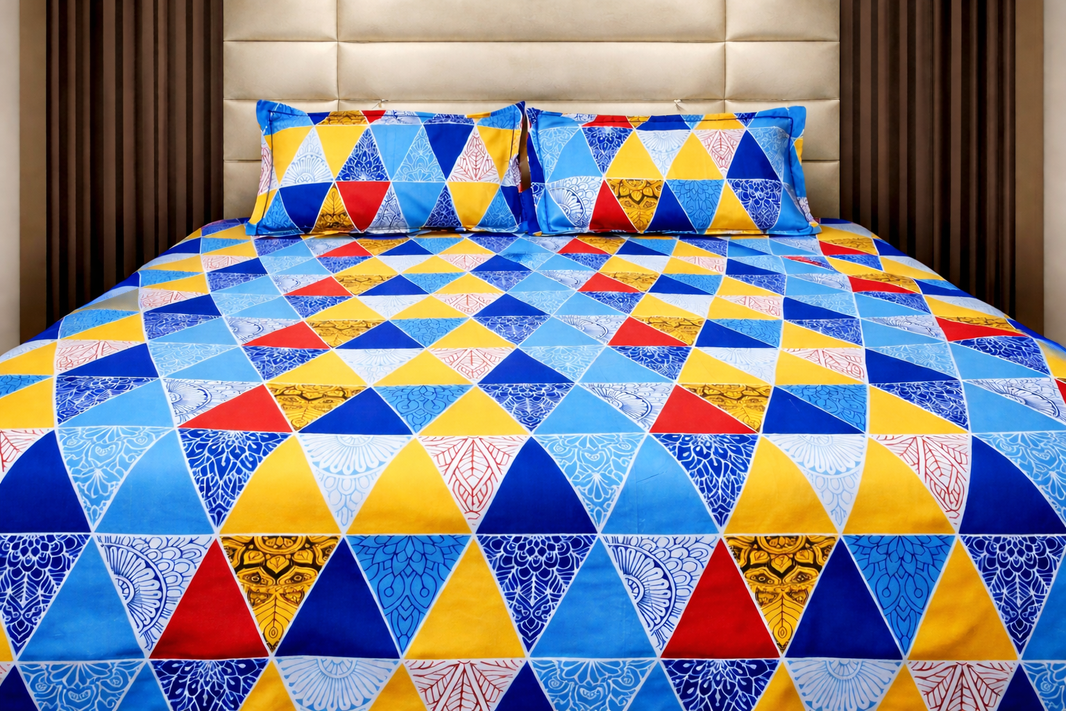 Vibrant Geometric Triangle Mandala Patchwork Printed Cotton Double Bedsheet with 2 Pillow Covers
