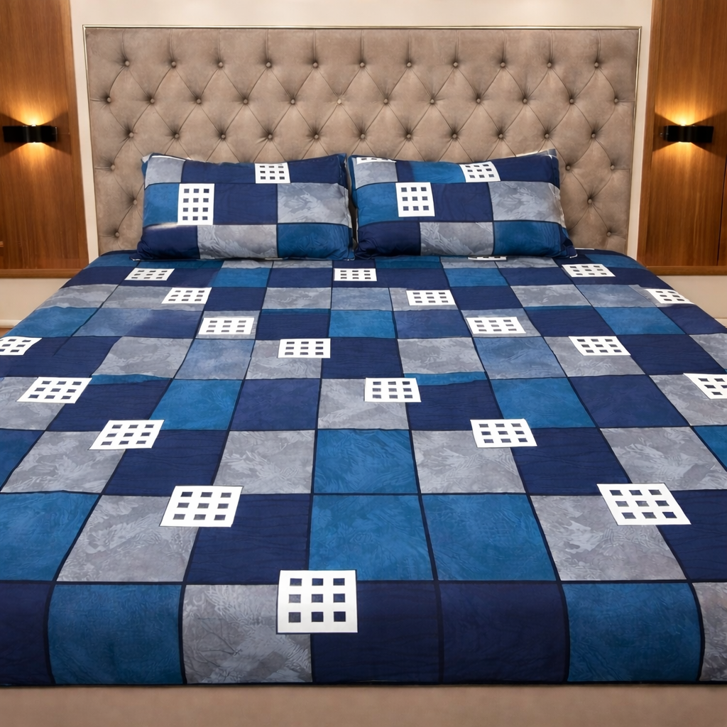 Checkered Printed Cotton Double Bedsheet with 2 Pillow Covers (90x100 Inches)