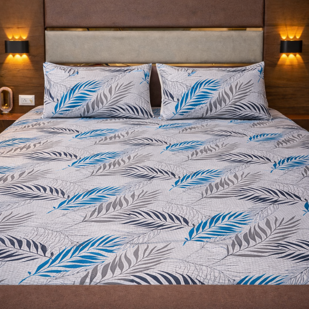 Leaf Printed Cotton Double Bedsheet with 2 Pillow Covers (90x100 Inches)