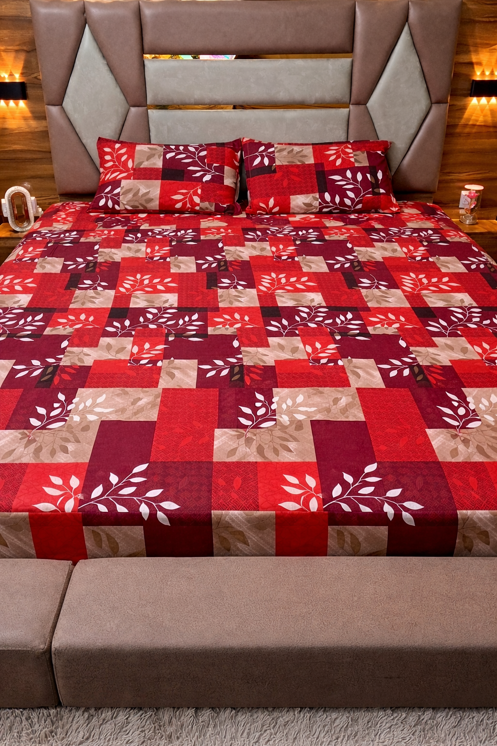 Red Maroon Checkered Leaf Botanical Patchwork Printed Cotton Double Bedsheet with 2 Pillow Covers