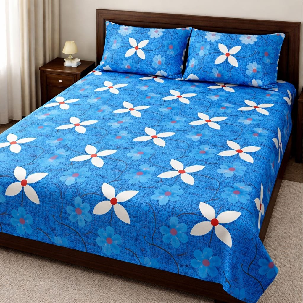 Jaipuri Cotton Floral Printed Double Bedsheet with 2 Pillow Covers | Blue (90x100 Inches)