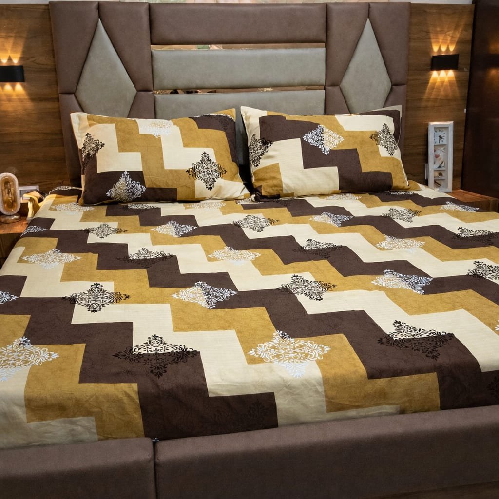 Geometric Printed Cotton Double Bedsheet with 2 Pillow Covers