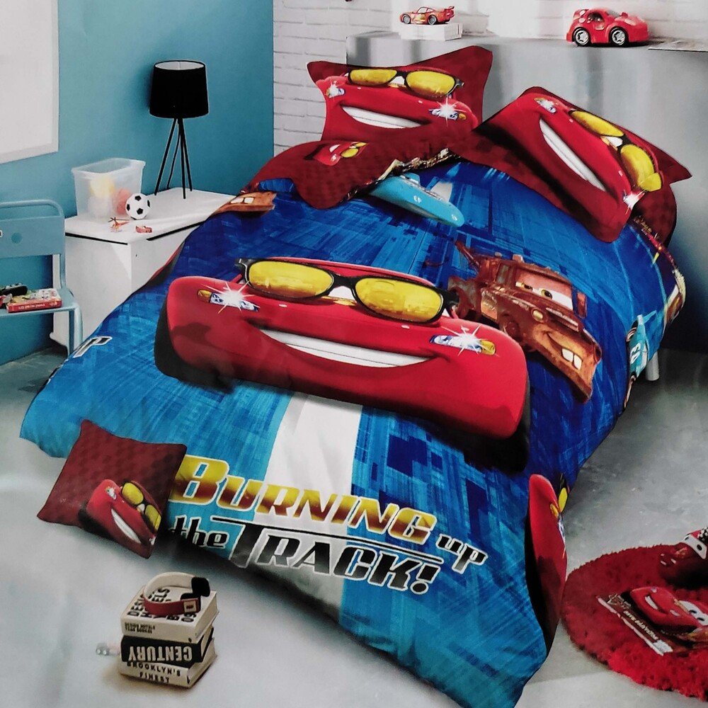 Kids Cartoon Car Printed Cotton Double Bedsheet with 2 Pillow Covers (90x100 Inches)