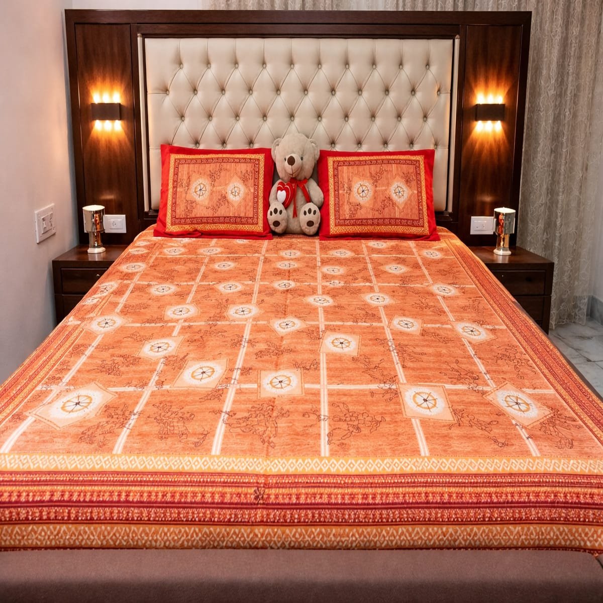 Jaipuri Orange Block Print Cotton Double Bedsheet with 2 Pillow Covers